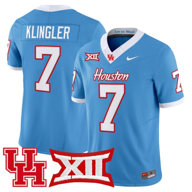 Men's Houston Cougars #7 David Klingler 2025 Nike F.U.S.E. Vapor Limited Football Jersey Light Blue - All Stitched