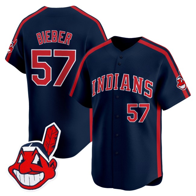 Men's Cleveland Indians #57 Shane Bieber Navy Ricky 'Wild Thing' Vaughn Limited Jersey