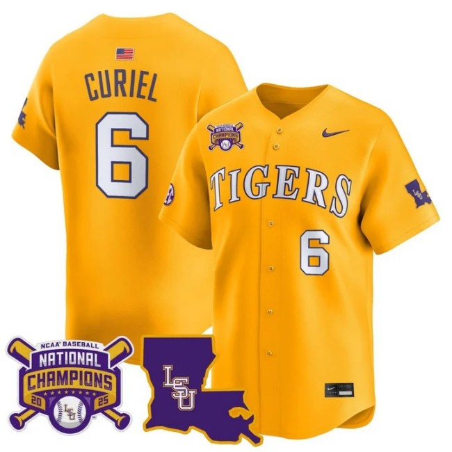Men's LSU Tigers #6 Derek Curiel Gold Nike 2025 Men's College World Series Champions Baseball Limited Stitched Jersey