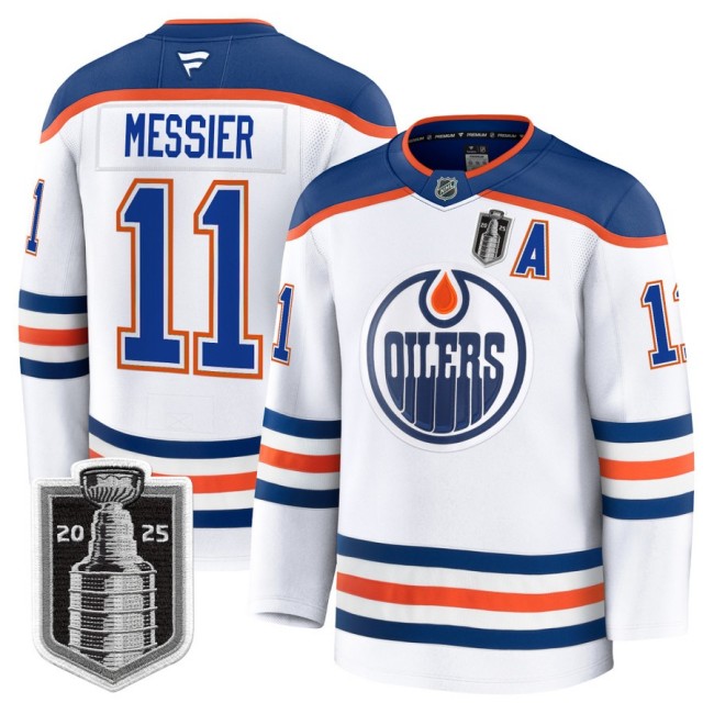 Men's Edmonton Oilers #11 Mark Messier White 2025 Stanley Cup Final Away Premium Jersey