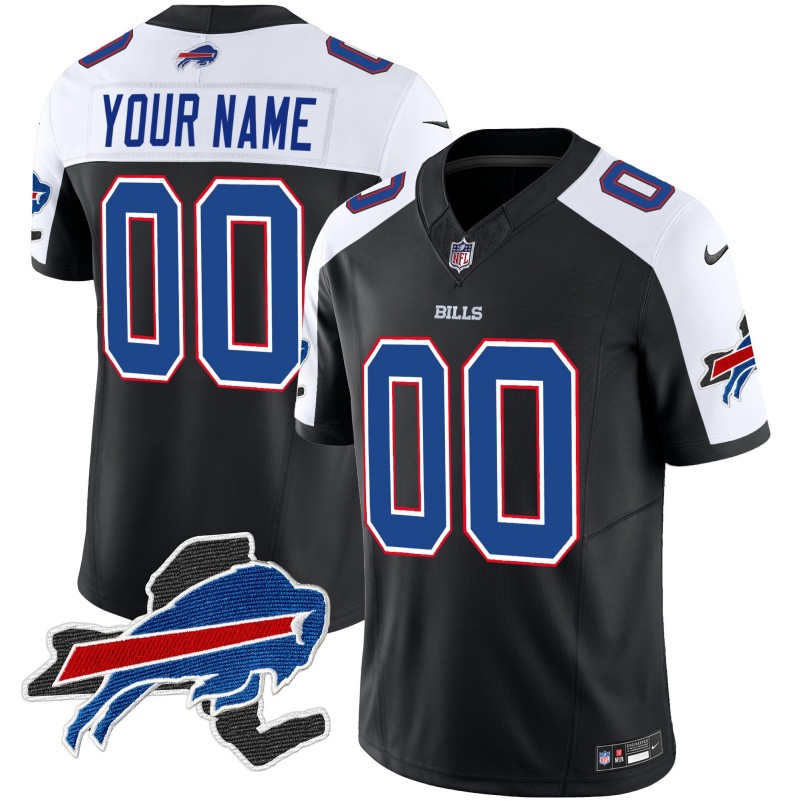 Buffalo Bills Custom Black White 2025 Team with NY State map Patch Vapor Limited Stitched Football Jersey