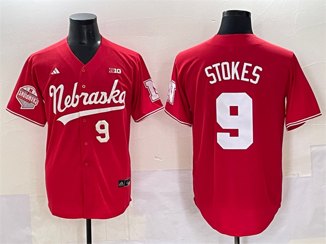 Men's Nebraska Huskers #9 Rhett Stokes Red Back 2 Back Champions Patch Vapor Premier Limited Stitched Baseball Jersey