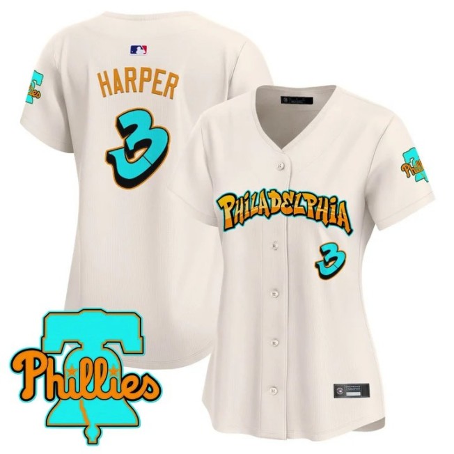 Women's Philadelphia Phillies #3 Bryce Harper Cream 'Graffiti Broad Street Edition' Limited Stitched Baseball Jersey