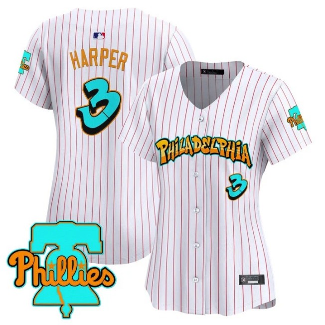 Women's Philadelphia Phillies #3 Bryce Harper Pinstripe 'Graffiti Broad Street Edition' Limited Stitched Baseball Jersey