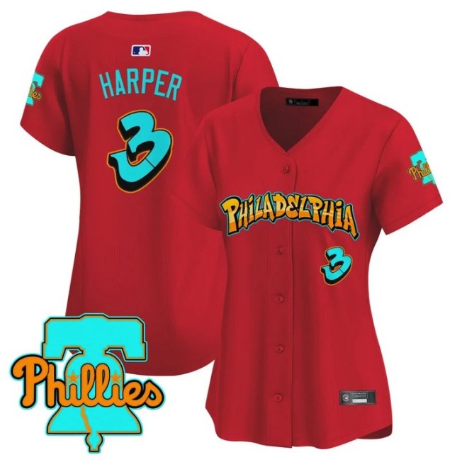 Women's Philadelphia Phillies #3 Bryce Harper Red 'Graffiti Broad Street Edition' Limited Stitched Baseball Jersey