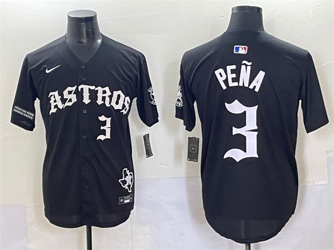 Men's Houston Astros #3 Jeremy Pena Black Gothic 'Houston Born Barrio Raised' Limited Stitched Baseball Jersey