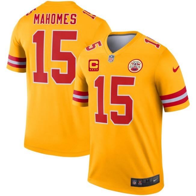 Men's Kansas City Chiefs #15 Patrick Mahomes Yellow 4-Star C Patch Stitched Football Jersey
